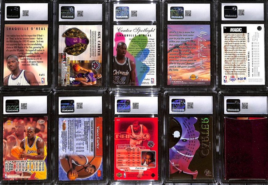 Lot of (10) CGC Graded Basketball Cards w. 1993-94 Fleer Ultra Shaquille O'Neal NBA Award Winners CGC 8 & 1999-00 Fleer Force Vince Carter Camo Relic CGC 7.5, + 