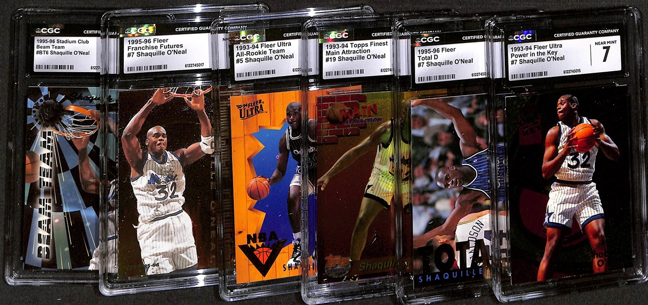 Lot of (6) CGC Graded Shaquille O'Neal Basketball Cards w. 1993-94 Fleer Ultra #7 Power in the Key CGC 7, 1995-96 Fleer #7 Total D CGC 9, +