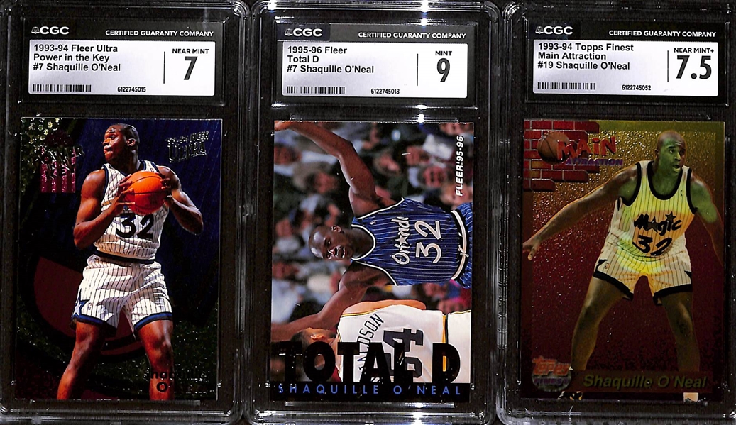 Lot of (6) CGC Graded Shaquille O'Neal Basketball Cards w. 1993-94 Fleer Ultra #7 Power in the Key CGC 7, 1995-96 Fleer #7 Total D CGC 9, +