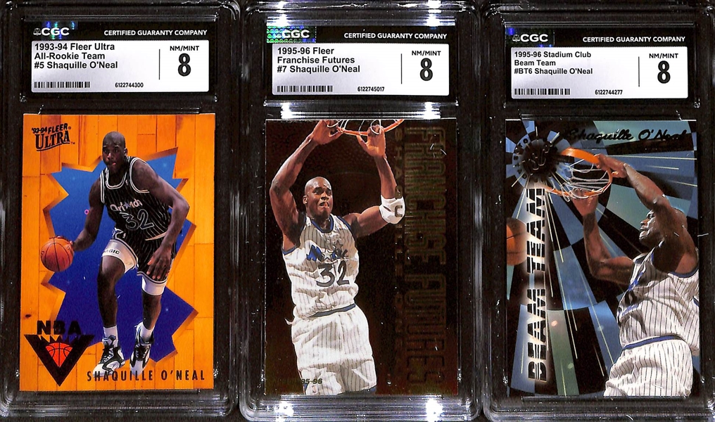 Lot of (6) CGC Graded Shaquille O'Neal Basketball Cards w. 1993-94 Fleer Ultra #7 Power in the Key CGC 7, 1995-96 Fleer #7 Total D CGC 9, +