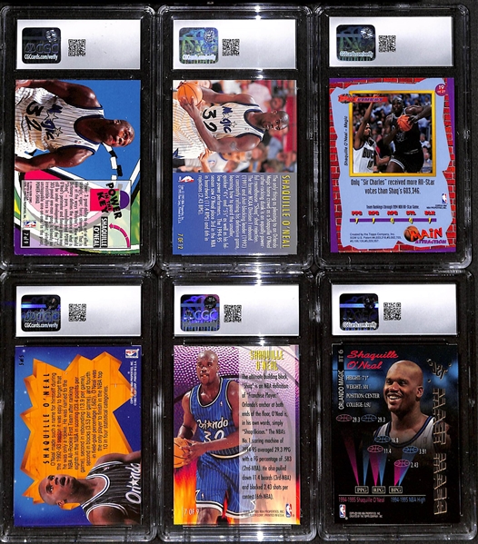 Lot of (6) CGC Graded Shaquille O'Neal Basketball Cards w. 1993-94 Fleer Ultra #7 Power in the Key CGC 7, 1995-96 Fleer #7 Total D CGC 9, +