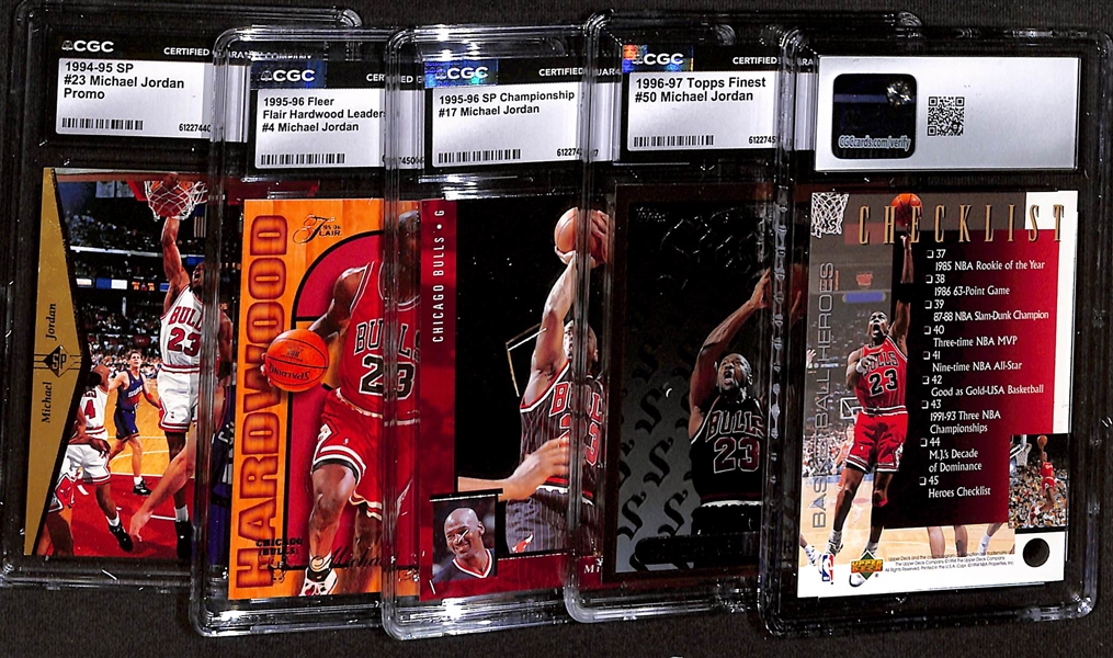 Lot of (5) CGC Graded Michael Jordan Basketball Cards w. 1994-95 Upper Deck #45 Jordan Heroes Checklist CGC 10, +