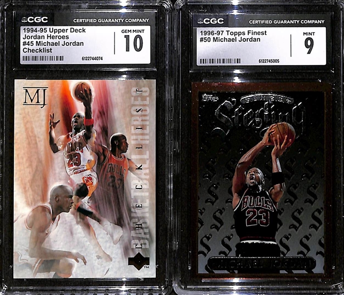 Lot of (5) CGC Graded Michael Jordan Basketball Cards w. 1994-95 Upper Deck #45 Jordan Heroes Checklist CGC 10, +
