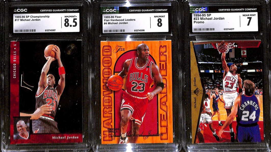 Lot of (5) CGC Graded Michael Jordan Basketball Cards w. 1994-95 Upper Deck #45 Jordan Heroes Checklist CGC 10, +
