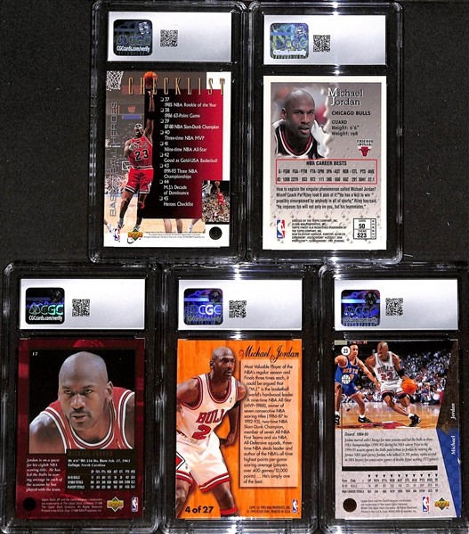 Lot of (5) CGC Graded Michael Jordan Basketball Cards w. 1994-95 Upper Deck #45 Jordan Heroes Checklist CGC 10, +