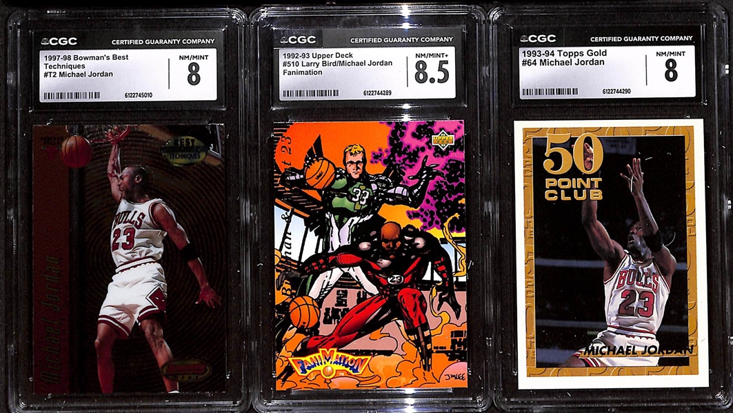 Lot of (6) CGC Graded Michael Jordan Basketball Cards w. 1997-98 Bowman's Best #T2 Techniques CGC 8, 1992-93 Upper Deck #510 Fanimation CGC 8.5, +