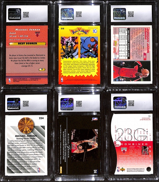 Lot of (6) CGC Graded Michael Jordan Basketball Cards w. 1997-98 Bowman's Best #T2 Techniques CGC 8, 1992-93 Upper Deck #510 Fanimation CGC 8.5, +