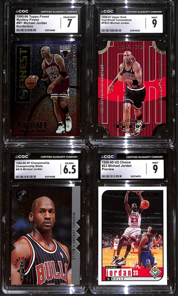 Lot of (4) CGC Graded Michael Jordan Basketball Cards w. 1995-96 Topps Finest #M1 Mystery Box Michael Jordan Borderless CGC 7 , +