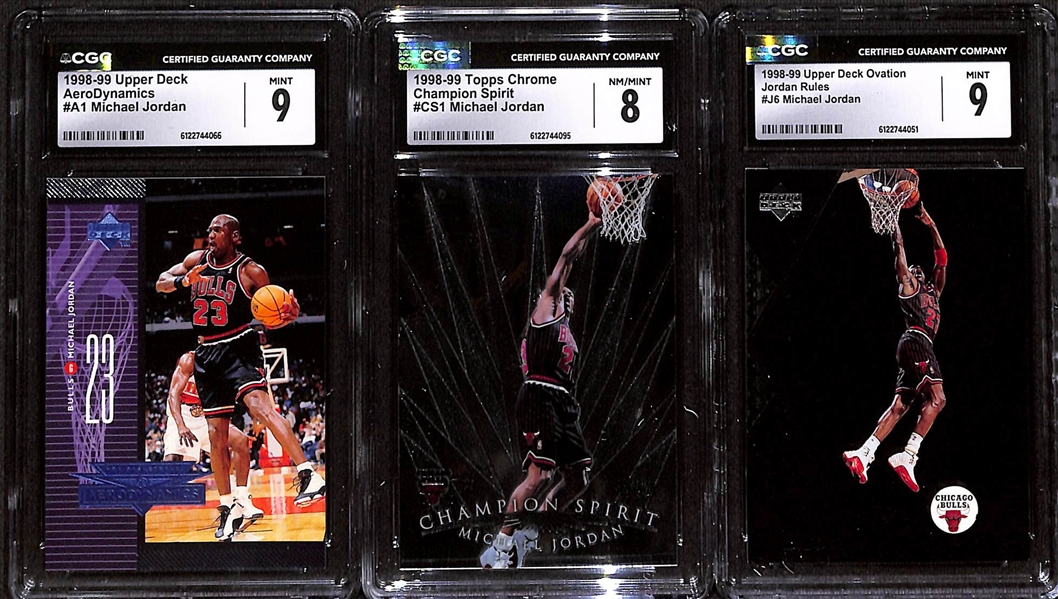 Lot of (3) 1998-99 CGC Graded Michael Jordan Basketball Cards w UD #A1 CGC 9, Topps Chrome #CS1 CGC8, & UD Ovation #J6 CGC 9