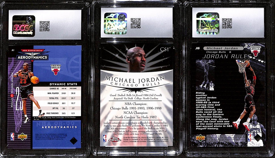 Lot of (3) 1998-99 CGC Graded Michael Jordan Basketball Cards w UD #A1 CGC 9, Topps Chrome #CS1 CGC8, & UD Ovation #J6 CGC 9