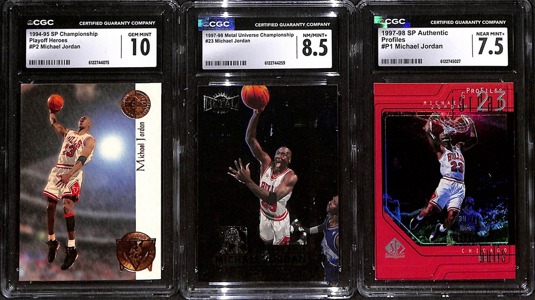 (3) CGC Graded Michael Jordan Basketball Cards w. 1994-95 SP Championship #P2 CGC 10, 1997-98 Metal Universe Championship #23 CGC 8.5, & 1997-98 SP Authentic #P1 CGC 7.5