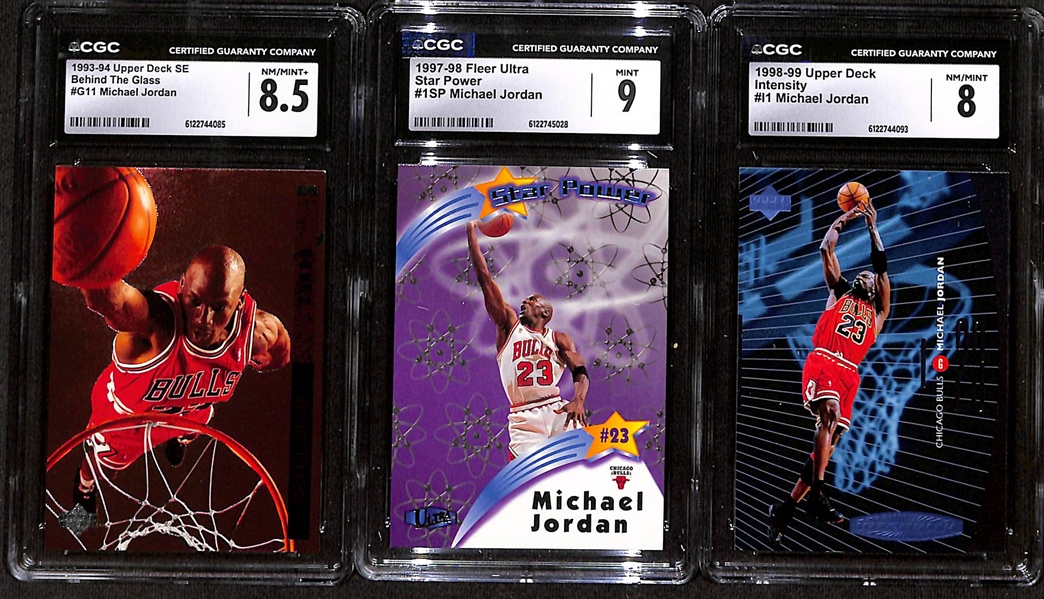 (3) CGC Graded Michael Jordan Basketball Cards w. 1993-94 UD SE #G11 CGC 8.5, 1997-98 Fleer Ultra #1SP CGC 9, & 1998-99 UD #I1 CGC 8