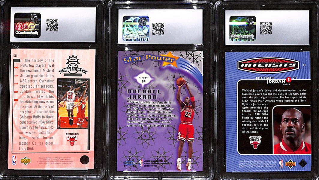 (3) CGC Graded Michael Jordan Basketball Cards w. 1993-94 UD SE #G11 CGC 8.5, 1997-98 Fleer Ultra #1SP CGC 9, & 1998-99 UD #I1 CGC 8