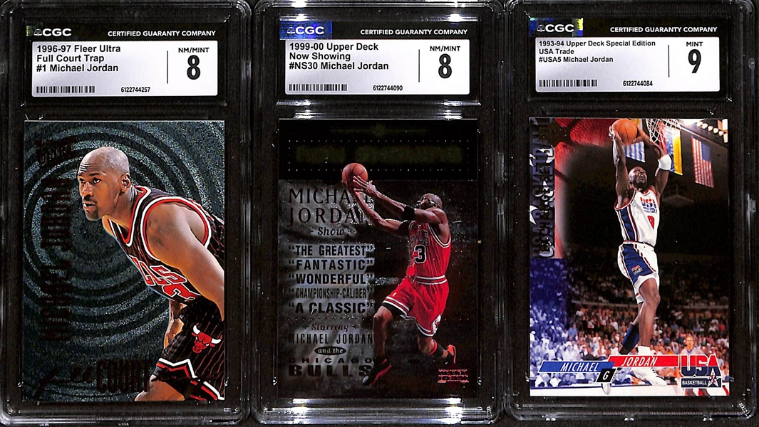 (3) CGC Graded Michael Jordan Basketball Cards w. 1996-97 Fleer Ultra #1 CGC 8, 1999-00 UD #NS30 CGC 8, & 1993-94 UD Special Edition #USA5 CGC 9
