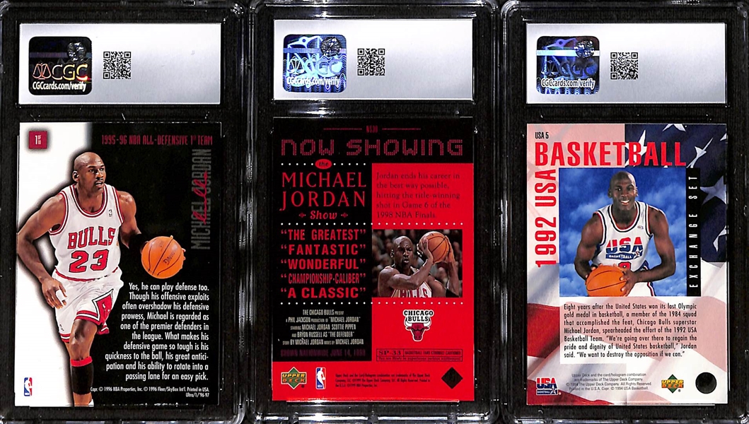(3) CGC Graded Michael Jordan Basketball Cards w. 1996-97 Fleer Ultra #1 CGC 8, 1999-00 UD #NS30 CGC 8, & 1993-94 UD Special Edition #USA5 CGC 9