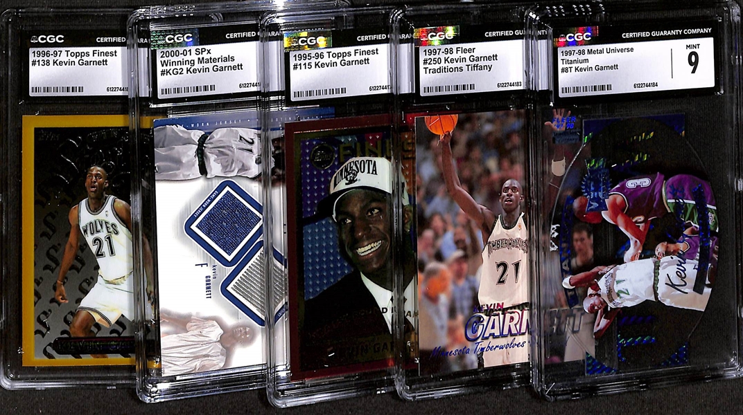 Lot of (5) CGC Graded Kevin Garnett Basketball Cards w. 1997-98 Metal Universe Titanium CGC 9