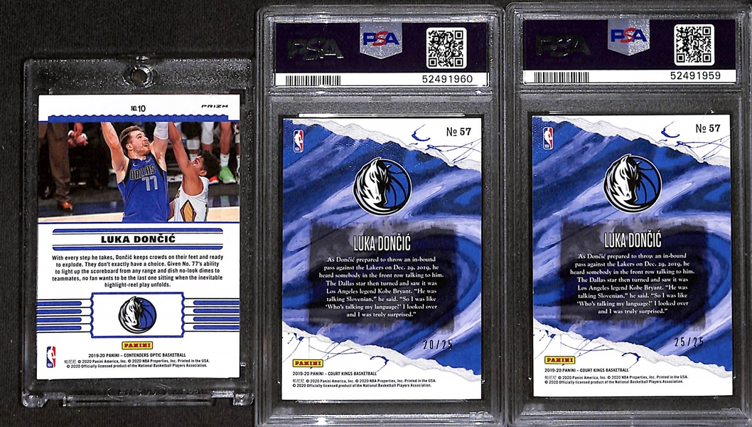 Lot of (3) 2019-20 Luka Doncic Basketball Cards - Court Kings (PSA) & Contenders Optic
