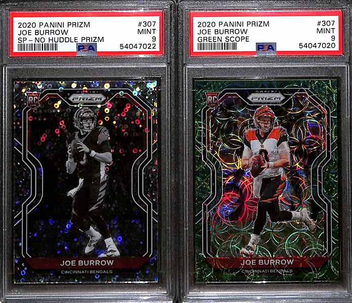 2020 Panini Prizm Joe Burrow SP- No Huddle Prizm PSA 9 & 2020 Panini Prizm Joe Burrow Green Scope PSA 9