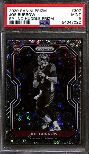 2020 Panini Prizm Joe Burrow SP- No Huddle Prizm PSA 9 & 2020 Panini Prizm Joe Burrow Green Scope PSA 9