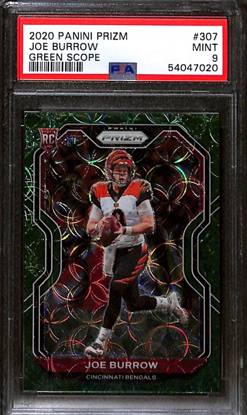 2020 Panini Prizm Joe Burrow SP- No Huddle Prizm PSA 9 & 2020 Panini Prizm Joe Burrow Green Scope PSA 9