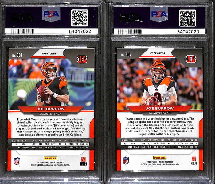 2020 Panini Prizm Joe Burrow SP- No Huddle Prizm PSA 9 & 2020 Panini Prizm Joe Burrow Green Scope PSA 9