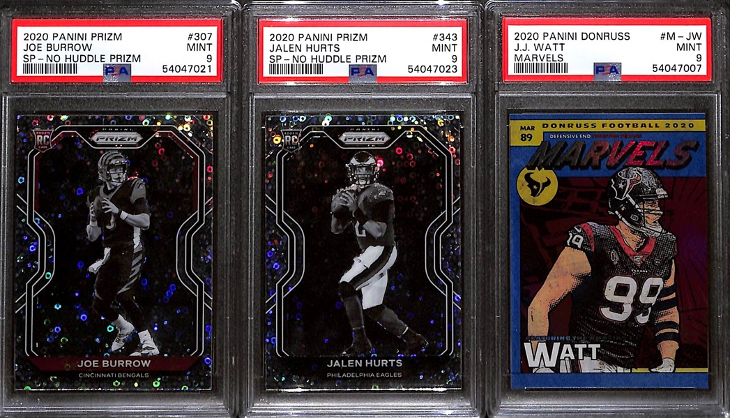 Lot of (3) 2020 Panini PSA Graded Football Cards w. 2020 Panini Prizm Joe Burrow SP-No Huddle Prizm PSA 9