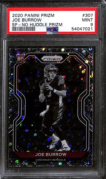 Lot of (3) 2020 Panini PSA Graded Football Cards w. 2020 Panini Prizm Joe Burrow SP-No Huddle Prizm PSA 9