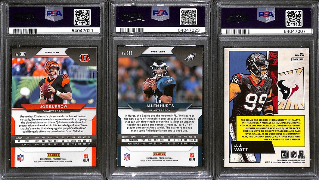 Lot of (3) 2020 Panini PSA Graded Football Cards w. 2020 Panini Prizm Joe Burrow SP-No Huddle Prizm PSA 9