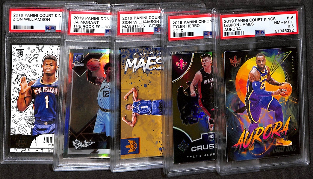Lot of (5) 2019 Panini PSA-Graded Basketball Cards w. Panini Court Kings LeBron James Aurora PSA 8.5