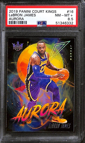 Lot of (5) 2019 Panini PSA-Graded Basketball Cards w. Panini Court Kings LeBron James Aurora PSA 8.5