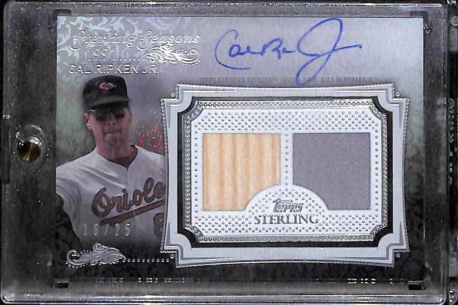 2020 Topps Sterling Seasons Cal Ripken Autograph Bat Jersey Card /25 & 2020 Topps Museum Collection Signature Swatches Dual Relic Autograph #1/1 Card