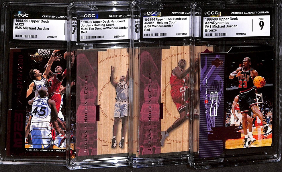 Lot of (4) CGC Graded 1998-99 Michael Jordan Upper Deck Basketball Cards w. 1998-99 Upper Deck AeroDynamics #A1 Michael Jordan Bronze CGC 9