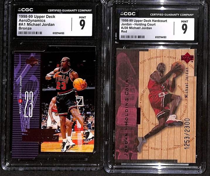 Lot of (4) CGC Graded 1998-99 Michael Jordan Upper Deck Basketball Cards w. 1998-99 Upper Deck AeroDynamics #A1 Michael Jordan Bronze CGC 9