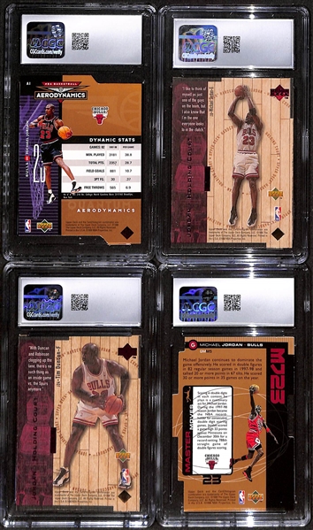 Lot of (4) CGC Graded 1998-99 Michael Jordan Upper Deck Basketball Cards w. 1998-99 Upper Deck AeroDynamics #A1 Michael Jordan Bronze CGC 9