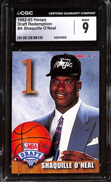 Lot of (5) 1990s Basketball Rookie & Insert Cards w. 1992-93 Hoops Draft Redemption Shaquille O'Neal CGC 9