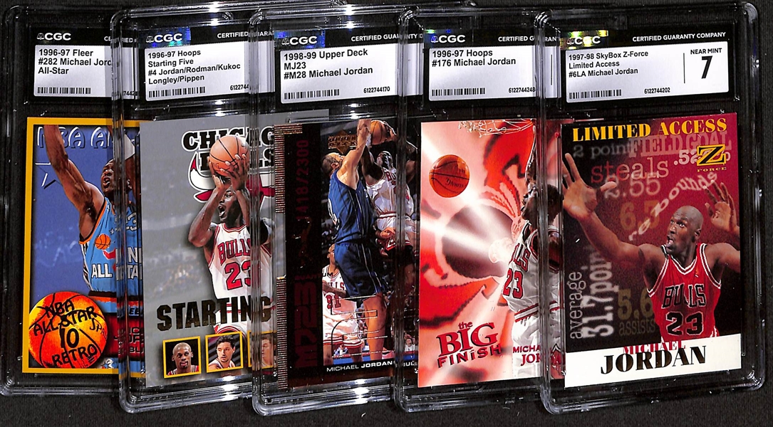 (5) Michael Jordan CGC Graded Cards w. 1997 SkyBox Z-Force Limited Access (CGC 7), 1996 Hoops (CGC 9), 1998 Upper Deck MJ23 (CGC 9), 1996 Hoops Starting Five (CGC 9), and 1996 Fleer All-Star (CGC 8) 