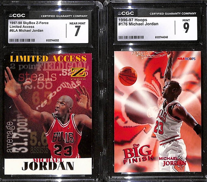 (5) Michael Jordan CGC Graded Cards w. 1997 SkyBox Z-Force Limited Access (CGC 7), 1996 Hoops (CGC 9), 1998 Upper Deck MJ23 (CGC 9), 1996 Hoops Starting Five (CGC 9), and 1996 Fleer All-Star (CGC 8) 