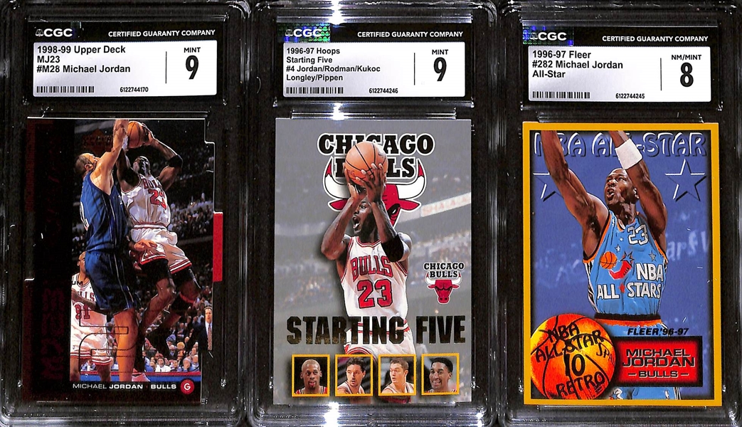 (5) Michael Jordan CGC Graded Cards w. 1997 SkyBox Z-Force Limited Access (CGC 7), 1996 Hoops (CGC 9), 1998 Upper Deck MJ23 (CGC 9), 1996 Hoops Starting Five (CGC 9), and 1996 Fleer All-Star (CGC 8) 