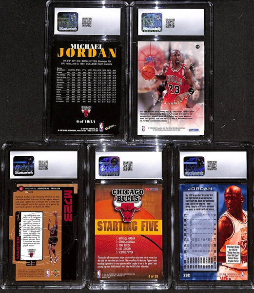 (5) Michael Jordan CGC Graded Cards w. 1997 SkyBox Z-Force Limited Access (CGC 7), 1996 Hoops (CGC 9), 1998 Upper Deck MJ23 (CGC 9), 1996 Hoops Starting Five (CGC 9), and 1996 Fleer All-Star (CGC 8) 