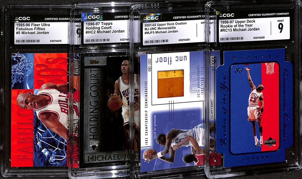 Michael Jordan CGC 9 Lot - 1996 UD Rookie of the Year, 2001 Ovation UNC Floor, 1996 Topps Holding Court, 1995 Ultra Fabulous Fifties 