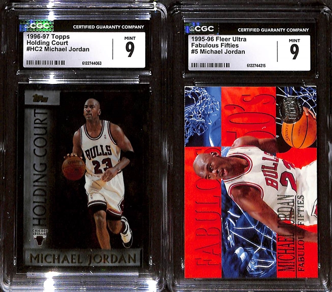 Michael Jordan CGC 9 Lot - 1996 UD Rookie of the Year, 2001 Ovation UNC Floor, 1996 Topps Holding Court, 1995 Ultra Fabulous Fifties 