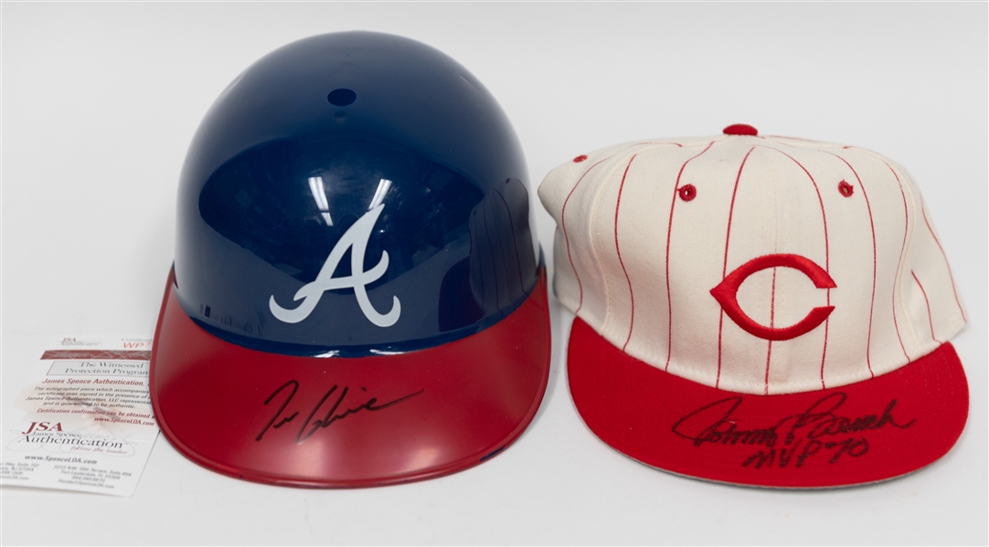 Hall of Fame Baseball Memorabilia Lot w. Johnny Bench Signed Reds Baseball Hat (BAS) & Tom Glavine Signed Braves Replica Helmet JSA