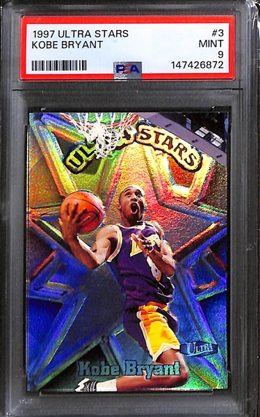 Kobe Bryant Lot - 1996 Skybox Z-Force Zebut Rookie (PSA 8), 1996 E-X2000 Rookie (PSA 5), 1997 Ultra Stars (PSA 9)