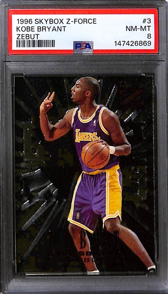 Kobe Bryant Lot - 1996 Skybox Z-Force Zebut Rookie (PSA 8), 1996 E-X2000 Rookie (PSA 5), 1997 Ultra Stars (PSA 9)