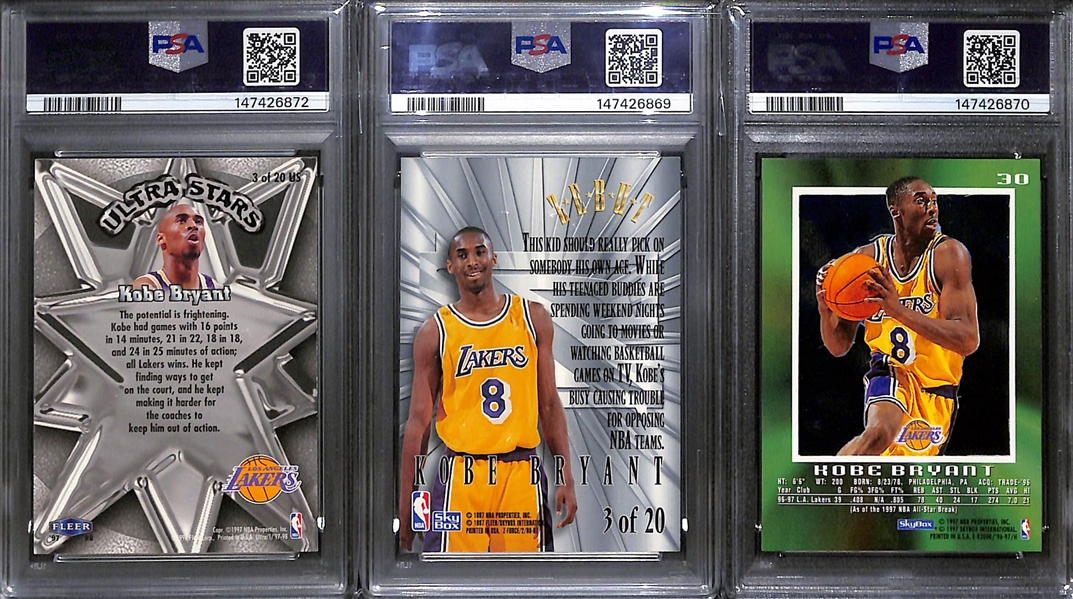 Kobe Bryant Lot - 1996 Skybox Z-Force Zebut Rookie (PSA 8), 1996 E-X2000 Rookie (PSA 5), 1997 Ultra Stars (PSA 9)