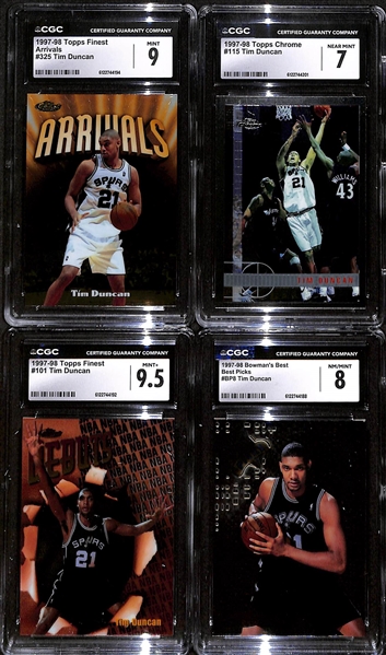 Lot of (4) 1997-98 CGC Graded Tim Duncan Rookie Basketball Cards w. Topps Finest Arrivals #325 CGC 9