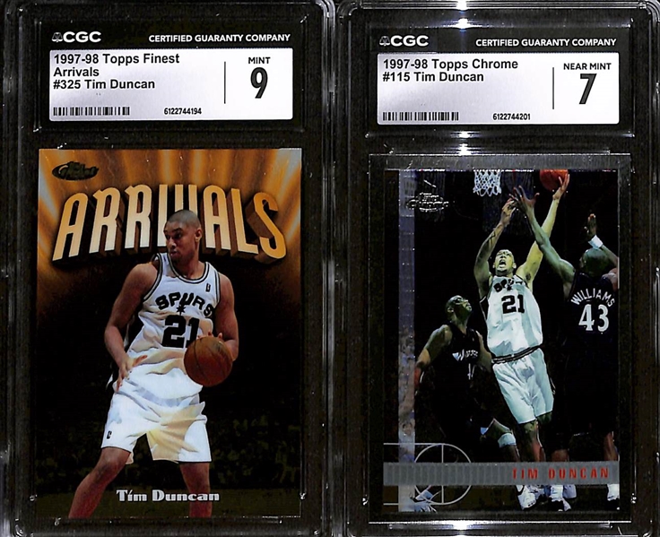 Lot of (4) 1997-98 CGC Graded Tim Duncan Rookie Basketball Cards w. Topps Finest Arrivals #325 CGC 9