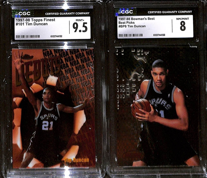 Lot of (4) 1997-98 CGC Graded Tim Duncan Rookie Basketball Cards w. Topps Finest Arrivals #325 CGC 9