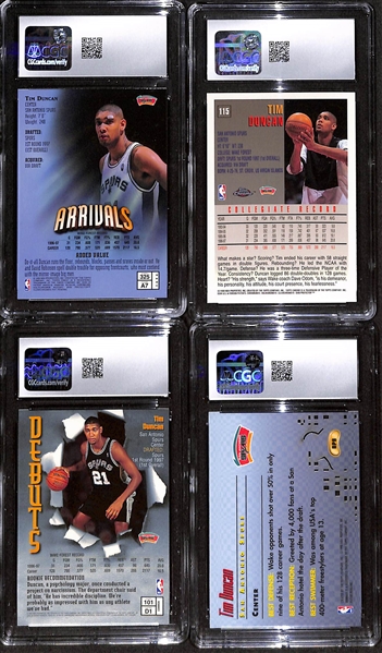 Lot of (4) 1997-98 CGC Graded Tim Duncan Rookie Basketball Cards w. Topps Finest Arrivals #325 CGC 9