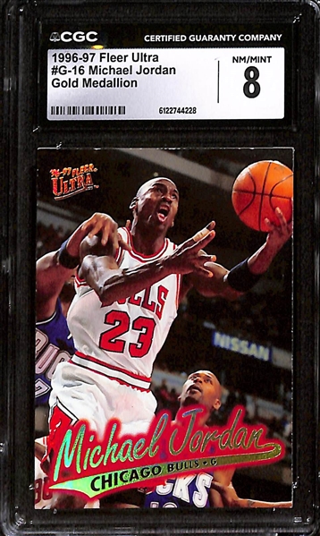 1996-97 Fleer Ultra #G-16 Michael Jordan Gold Medallion CGC 8 & 1996 SPx #8 Michael Jordan Gold CGC 7